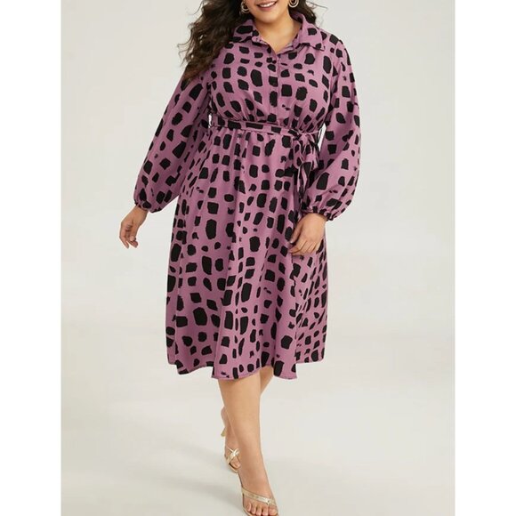 BloomChic Shirt Collar Brush Print Belted Dress Sz 18/20 (2XL) Mauve Pink & Blac - Picture 1 of 15